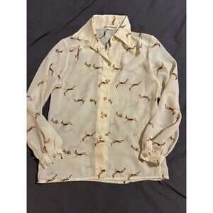 Vintage Womens Silky Button up Blouse Antelope Print Boho Indie Animal Sz Small